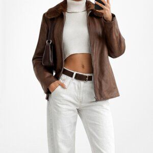 Vintage Y2K Brown Rabbit Fur Genuine Leather Moto Jacket Coat Size L